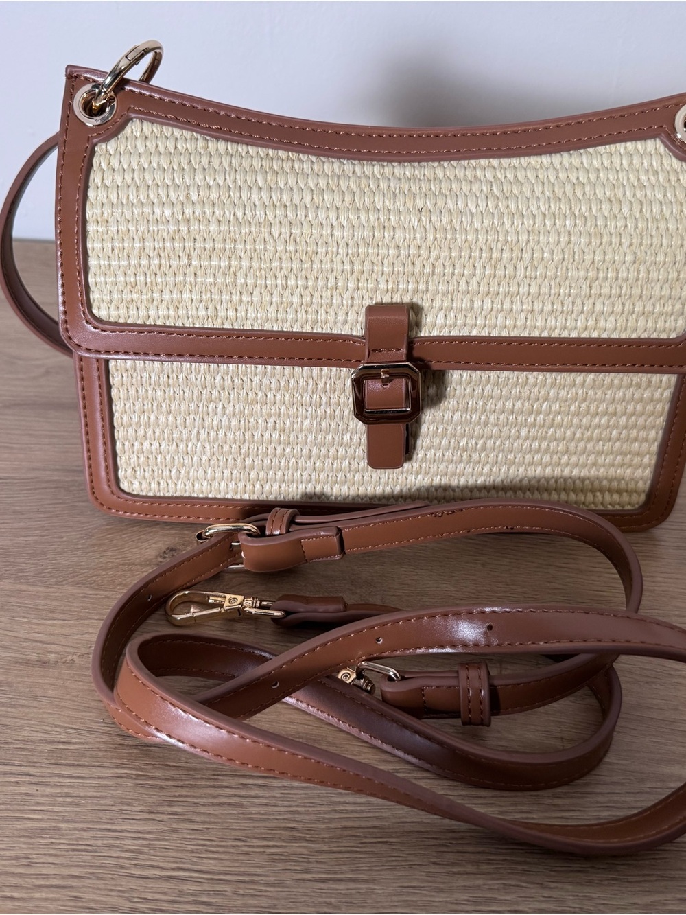 Madison West Cream Woven Crossbody with Brown Trim and Gold Buckle - Picture 4 of 7